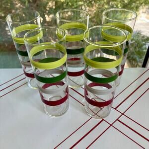 Set of 5 Federal Glass Tumblers Color Band Mid Century Drinking Glasses